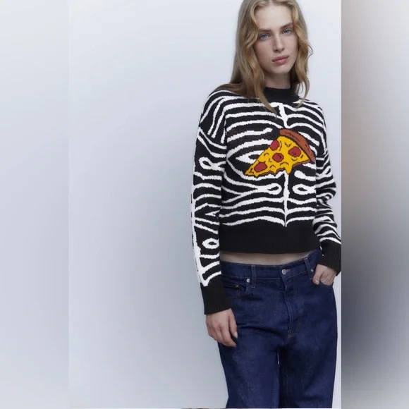 Zara PIZZA 🍕 🍕🍕JACQUARD KNIT SWEATER Sz Small -NWT